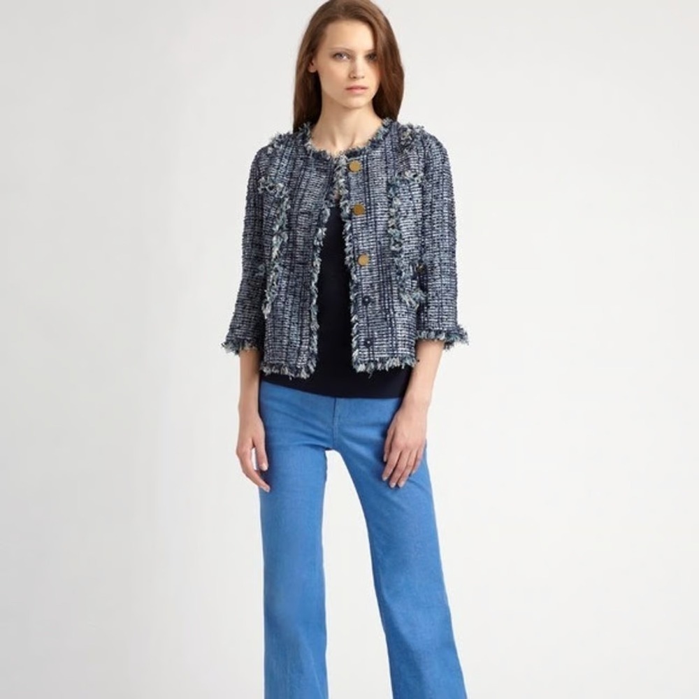 TORY BURCH Daniela Tweed Pattern Jacket Sz 14 Silk Blend Old Money Travel